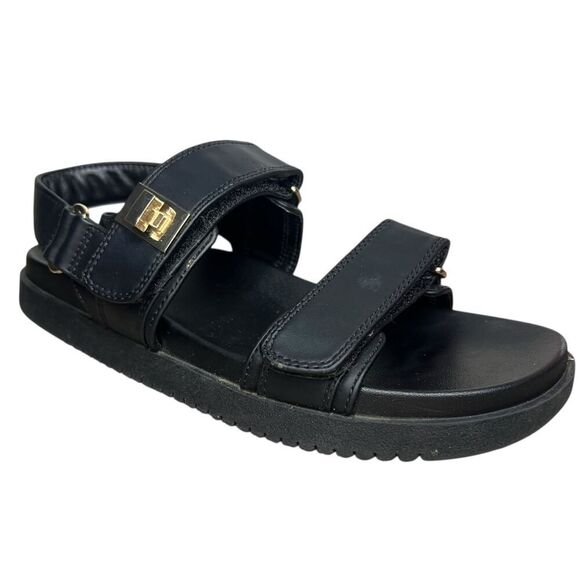 A New Day Women’s 9 Jonie Footbed Sandals Black Faux Leather Chunky - Picture 2 of 8